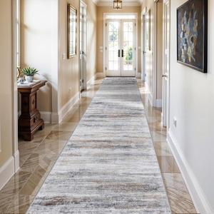 3x14 Washable Hallway Runner Rug: Extra Long Runners for Entryway Living Room Dining Room - Stain and Water Resistant Rugs with Non-Slip Backing - Soft Low-Pile Carpet 14ft Beige Grey