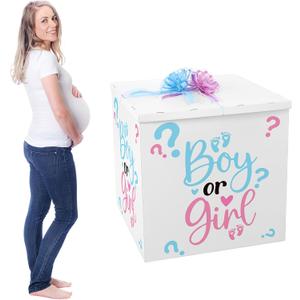 AmazingSpark 28in Jumbo Gender Reveal Gift Box Kit with Oversized Box Giant Pull Bows Boy or Girl Stickers for Gender Reveal Baby Shower Birthday Party Decor, 1 count