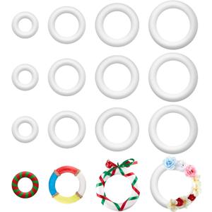 Frienda 12 Pcs Foam Wreath Forms, White Craft Rings in 4, 6, 8, 10 Inch Sizes, Round Foam Circles for DIY Floral Wedding Home Christmas Decor