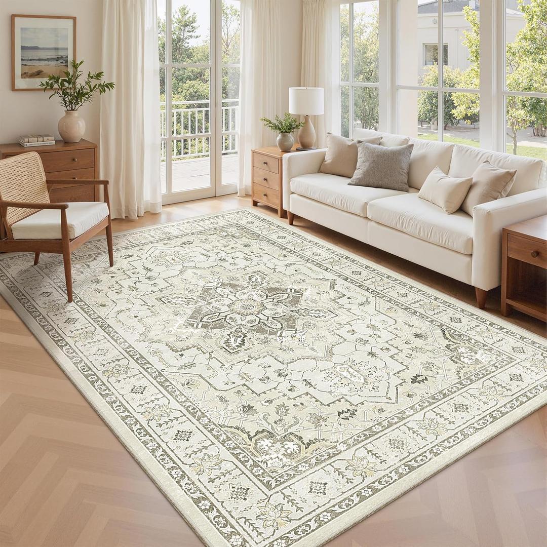 zesthome 5x7 Area Rugs, Machine Washable Rugs for Living Room, Bedroom, Stain Resistant Vintage Large Area Rug, Non-Slip Medallion Pattern Home Decor Rugs (Beige,5'x7')