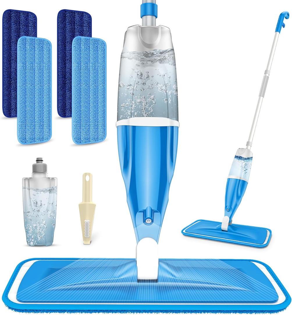Spray Mop for Hardwood Floors Cleaning: Microfiber Wet Dry Floor Mops with 4 Washable Pads for Swiffer PowerMop - Flat Mop with Sprayer for Kitchen Tile Wood Laminate Vinyl (Light Blue)