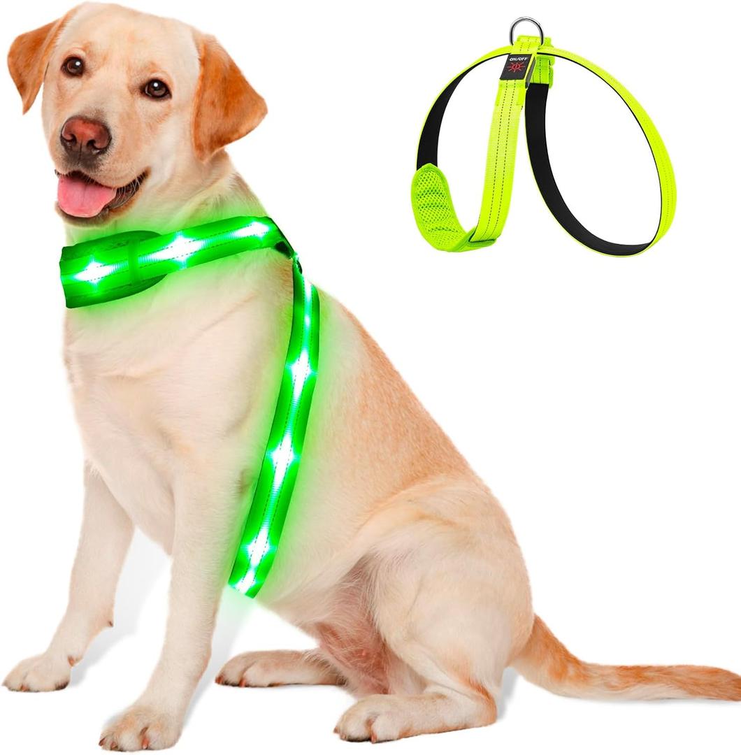 LED Light Up Dog Vest Harness Rechargeable, Soft Padded, Adjustable & Reflective Lighted Dog Harness Waterproof, Glow Dark Dog Light Harness for Camping Night Safety Walking, Medium Green (M Neck+Chest119cm(47"))