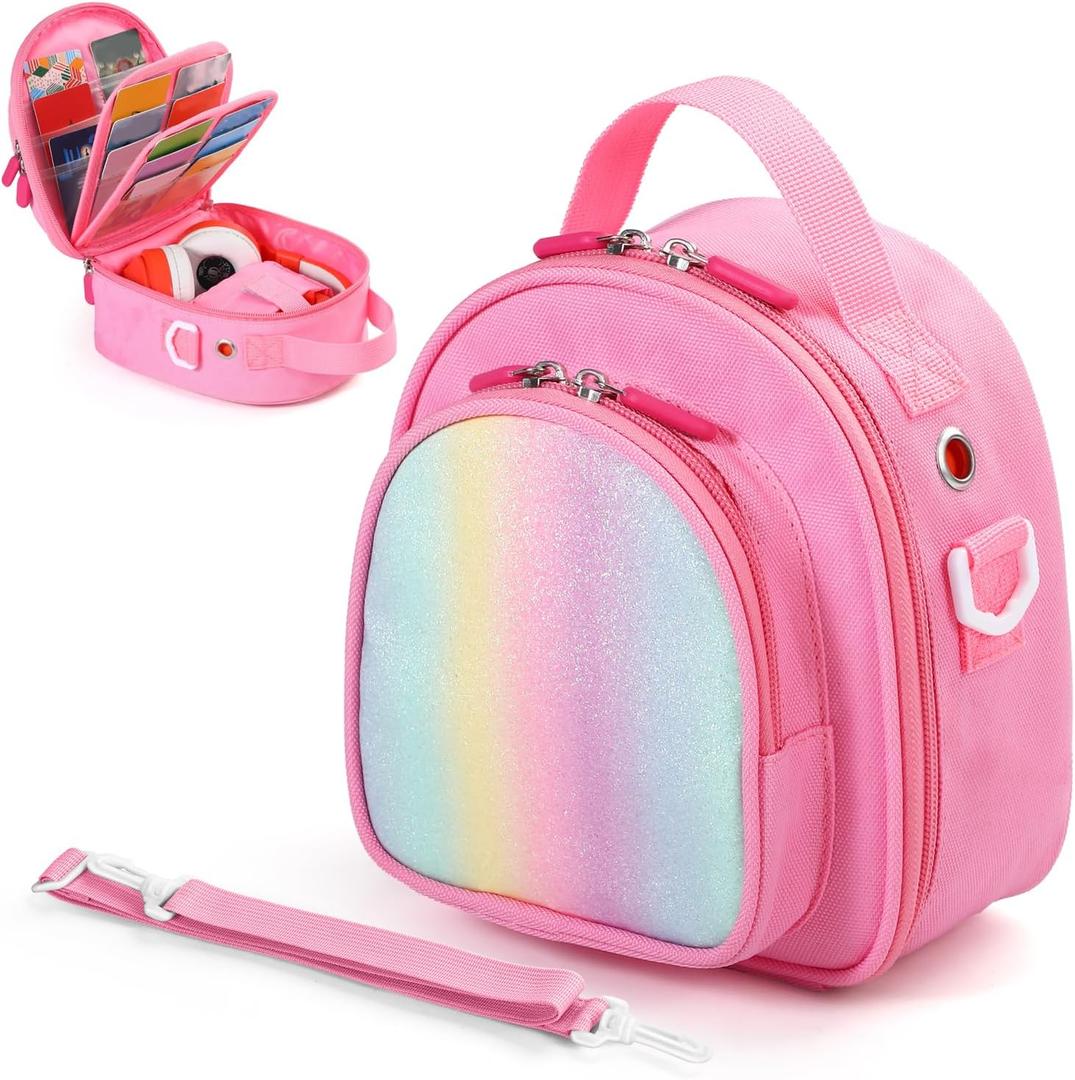 Carrying Case Compatible with Yoto Mini (2024 Edition),30 Cards Storage Bag with Handle and Shoulder Strap, Travel Storage box for Player & Headphone Accessories (Pink)