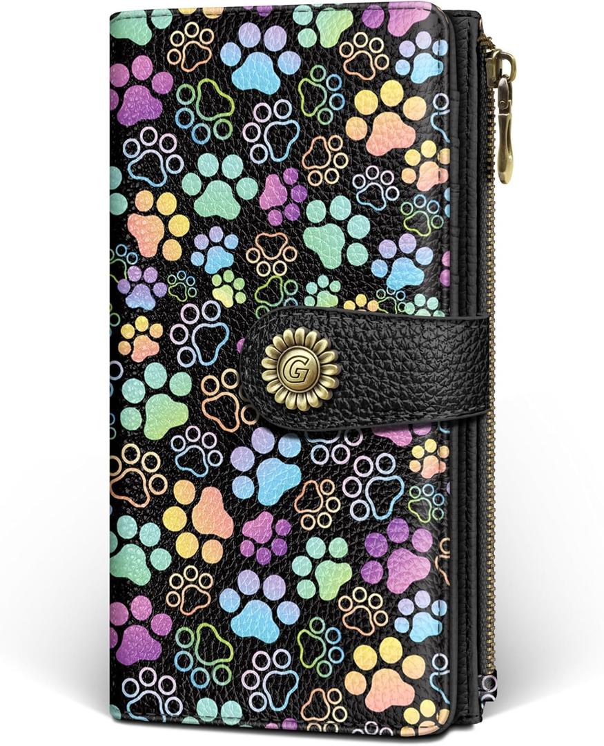 GIANCOMICS Puppy Dog Paw Womens Wallet RFID Blocking, Credit Card Holder Bifold, PU Leather Travel Billfold, Long Cute Cash Purse, Zipper Coin Pocket Clutch, 11 Card Slots, Ladies Gift Woman