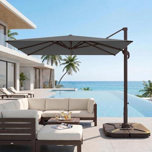 Kingdura 10' X 10' Cantilever Patio Umbrella with Base Included, Large Square Aluminum Outdoor Offset Umbrella with 360-degree Rotation, 4 Position Tilt, UV Protection for Pool Deck Garden Patio (Grey)