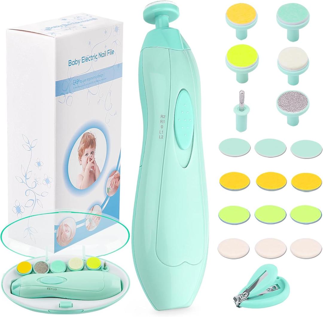 Baby Nail Trimmer Electric Nail File Baby Nail Clippers, 20 in 1 Safe Nail Filer Grinder Kit for Newborn Infant Toddler Kids or Adults Toes Fingernails Care Trim Polish, Led Light and Grinding Heads (Turquoise)