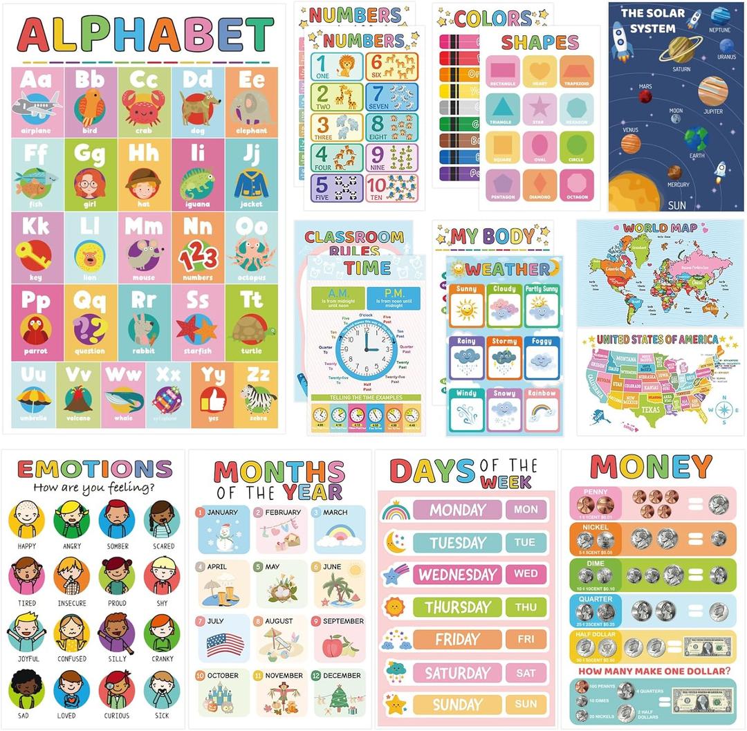 16 Educational Posters for Toddlers 1-3, Laminated Classroom Learning Posters for Kids 3-5, Kindergarten Classroom Must Haves, Preschool Homeschool Supplier Materials Alphabet Number Chart Classroom Wall Decor