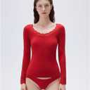 SUUKSESS Cloud Cashmere Women Lace Scoop Neck Tops Basic Long Sleeve Knit Shirts (Red, M)