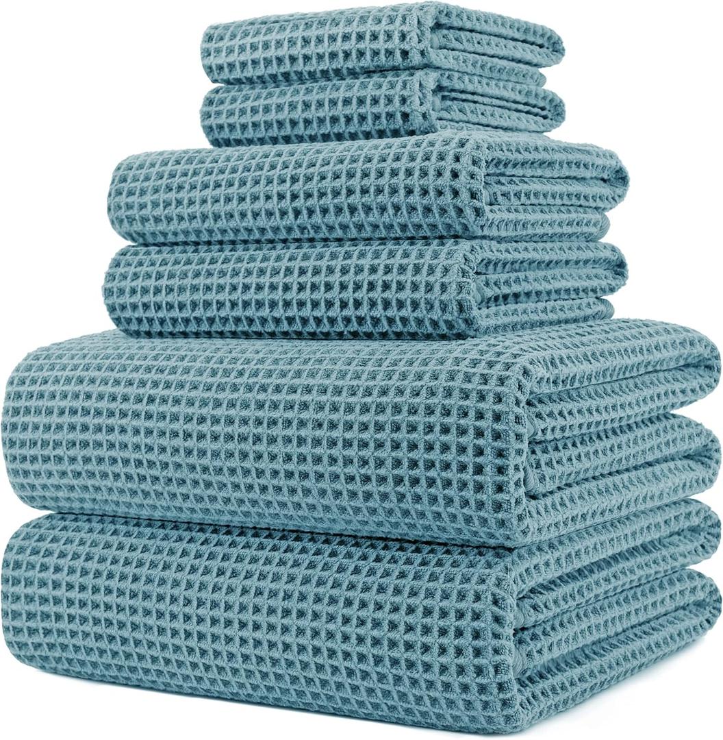 POLYTE 430 GSM Microfiber Quick Dry Lint Free Oversize Bath Towel Set, 6 Piece (Waffle Weave) (Green)