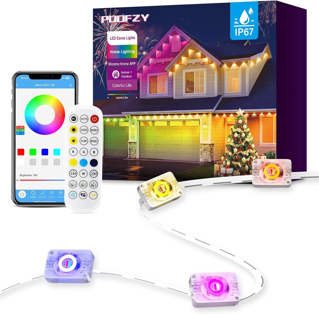 POOFZY Permanent Outdoor Lights for House,200ft RGB+IC Smart Outdoor Decor, 50 Scene Modes,App/Remote Control,IP67 Waterproof,for Christmas,Halloween,Daily & Holiday Party Decor,House Roof Lighting