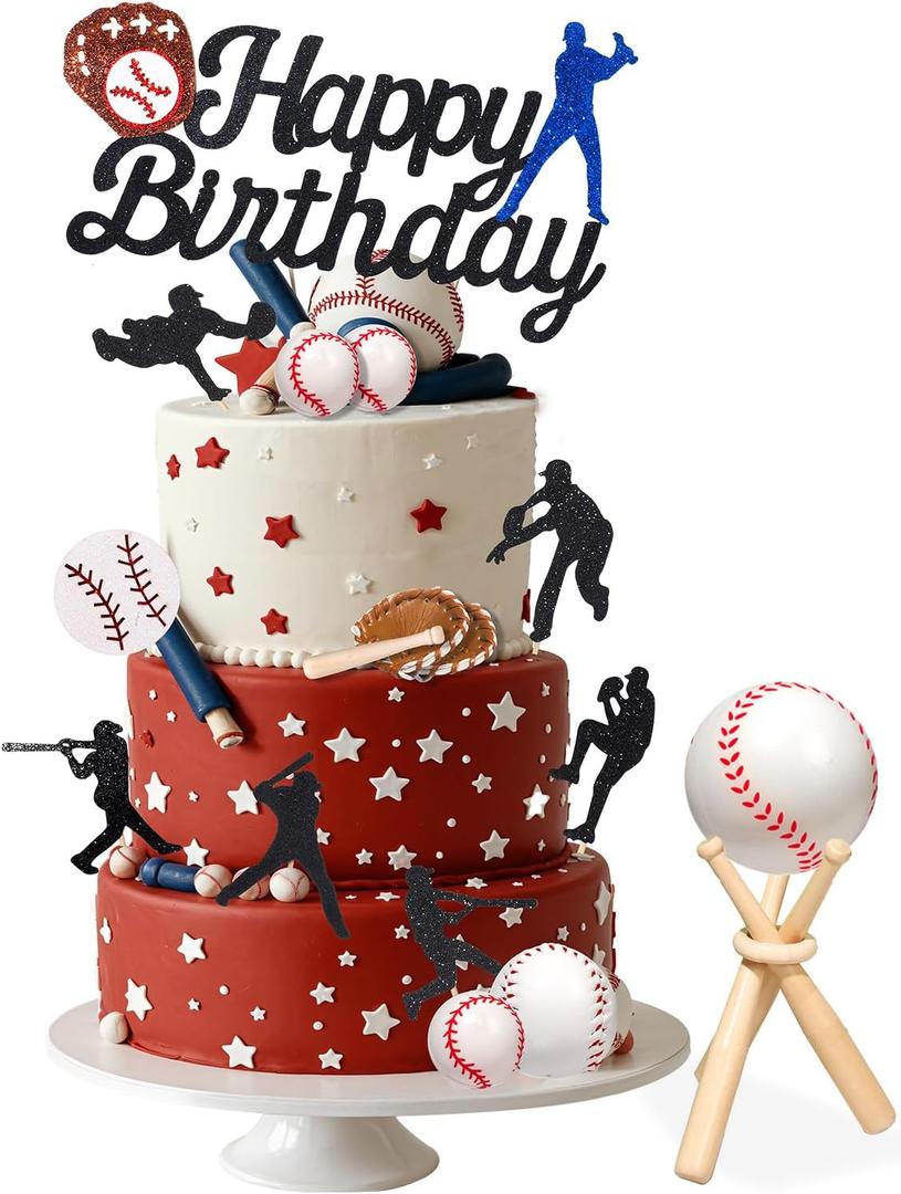 RAYNAG Baseball Cake Topper Set 16 Pieces Sports Party Decorations with Baseball Stand, Baseball Theme Cake Decor for Birthday, Baseball Lover Gift