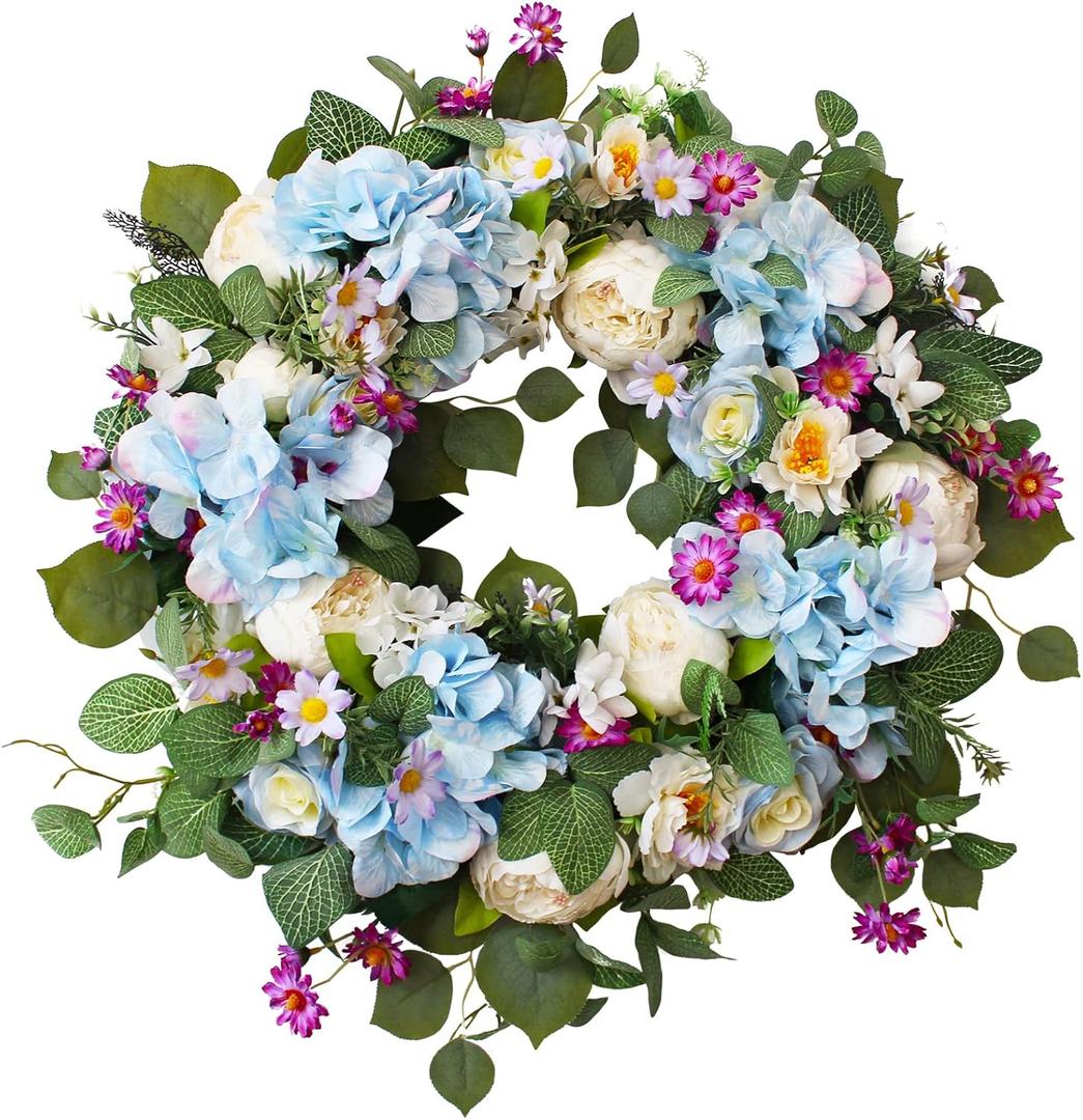 24 Inch Summer Wreaths for Front Door, Summer Wreath,Blue Hydrangea Wreath,Large Spring Summer Door Wreaths for Front Door Outside All Season Home Decor (Blue)