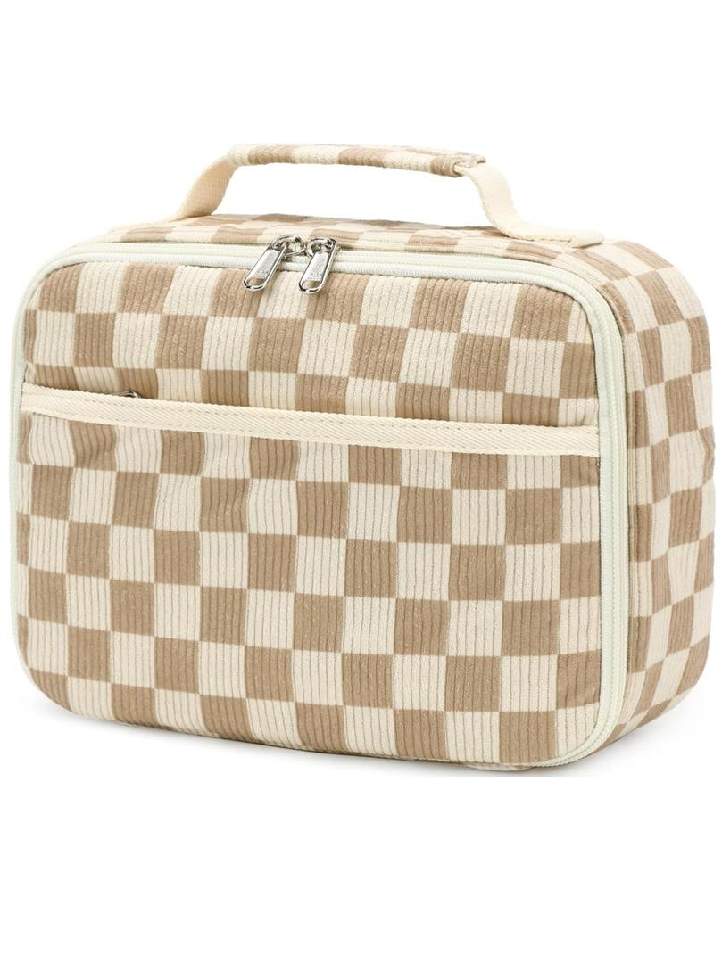 Kids Girls Lunch Bag Insulated Lunch Box for school Corduroy Lunch Cooler Organizer School Kids Lunch Tote (Corduroy Checkered Brown)