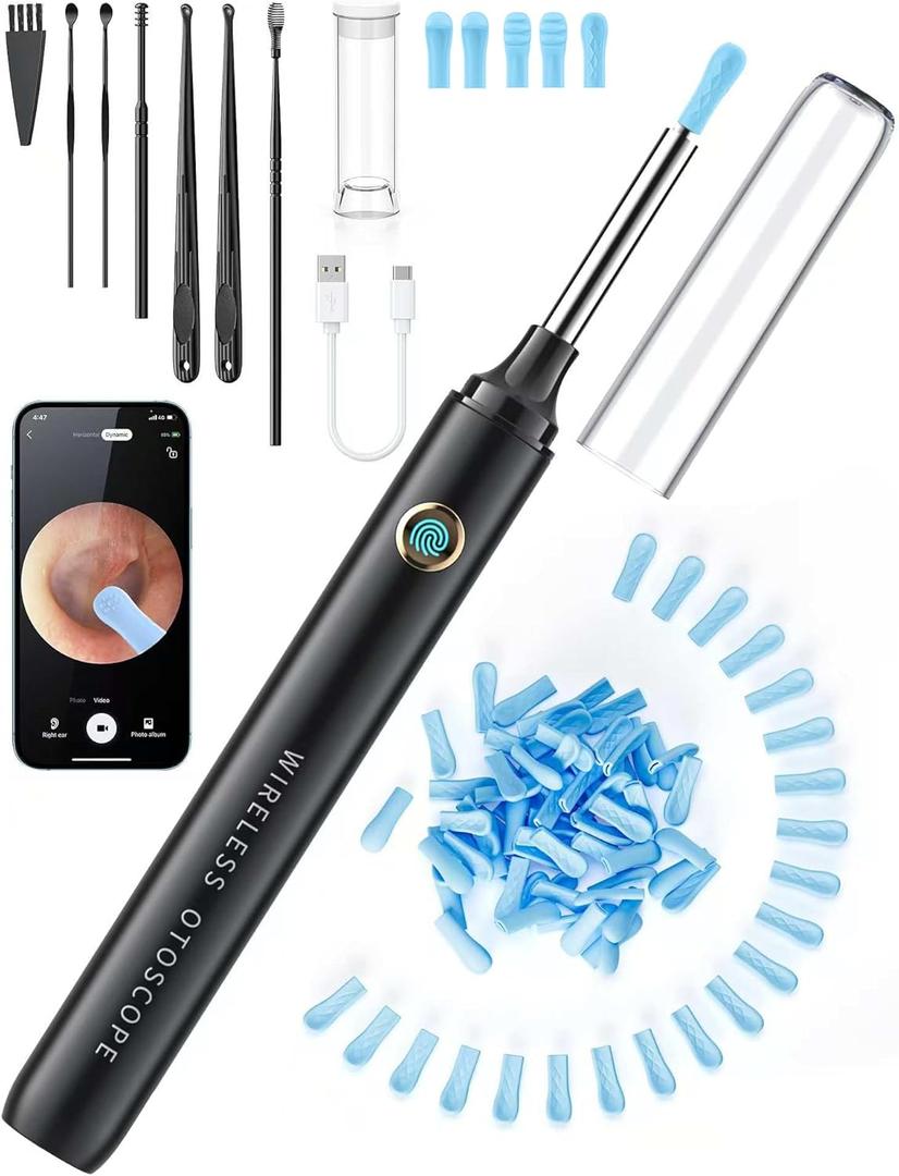 Ear Wax Removal Tool Camera - Ear Cleaner with 1080P HD Camera, FSA HSA Store Eligible, Otoscope with Light, Earwax Removal Kit with 50 Replacement Tips for iPhone, iPad, Android Phones (Black)