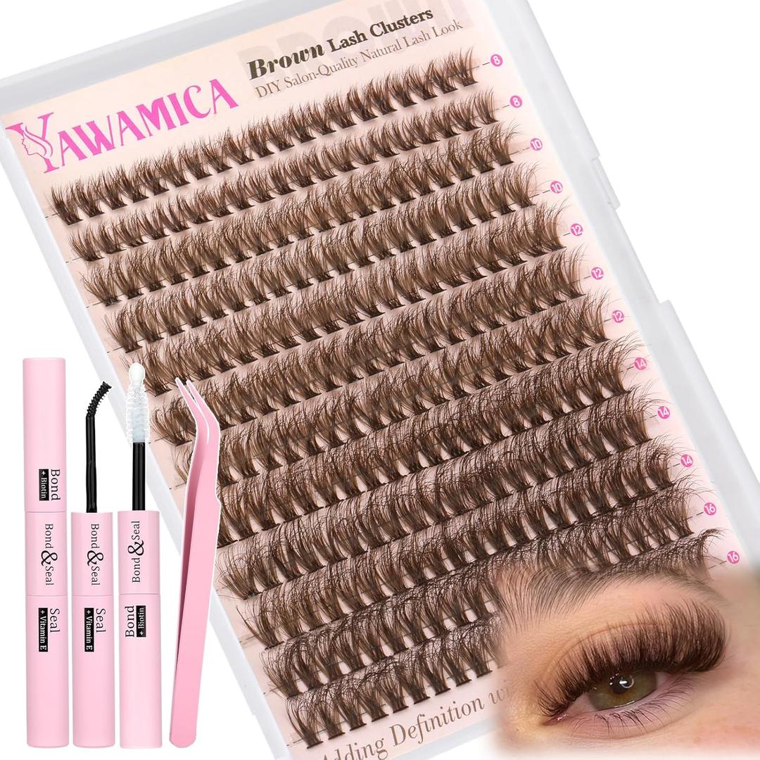 Yawamica Brown Lash Clusters Kit Fluffy Lash Extension Kit 10-16mm Wispy Eyelash Clusters D Curly Cluster Eyelash Extensions 50D Individual DIY Lashes Kit with Waterproof Bond and Seal Lash Tweezers