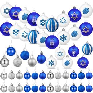 48 Pcs Christmas Hanukkah Ball Ornaments - 12 Styles White Blue Jewish Menorah Chanukah Decorations - Dreidel Star Hanging Ornaments for Xmas Tree Decor
