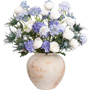 Blue and White Artificial Flowers Arrangement, Lifelike Faux Fake Roses & Scabiosa Bouquet Centerpiece for Home, Coastal Farmhouse Decor & Wedding