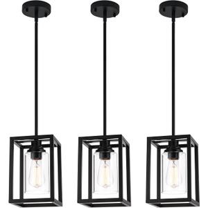 Matte Black Farmhouse Pendant Light Fixtures, Pendant Lights for Kitchen Island, Rectangle Linear Metal Hanging Lighting Fixture Ceiling Mount with Clear Glass Shade E26 Base for Dining Room, 3 Pack