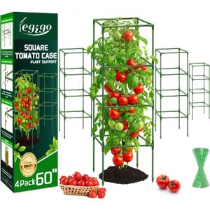 Legigo 4 Pack Square Tomato Cages- 60 Inch Heavy Duty Tomato Trellis for Climbing Plants Outdoor, Tomato Plant Support Stakes Cage Garden Trellis for Garden Raised Garden Bed Cucumbers Vegetables