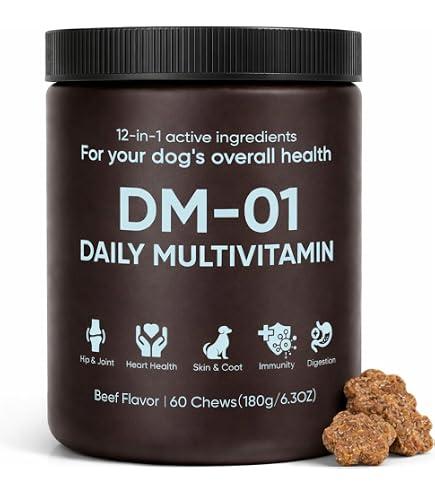 DM-01 Daily Multivitamin for Dogs, Multivitamin Itch Relief Chews, Skin and Coat Healthy, Gut Health & Boost Immunity, with Folic Acid, Salmon Oil, Probiotics & Vitamins, Beef Flavor, 60 Chew (1) EXP: Jul 04 2028