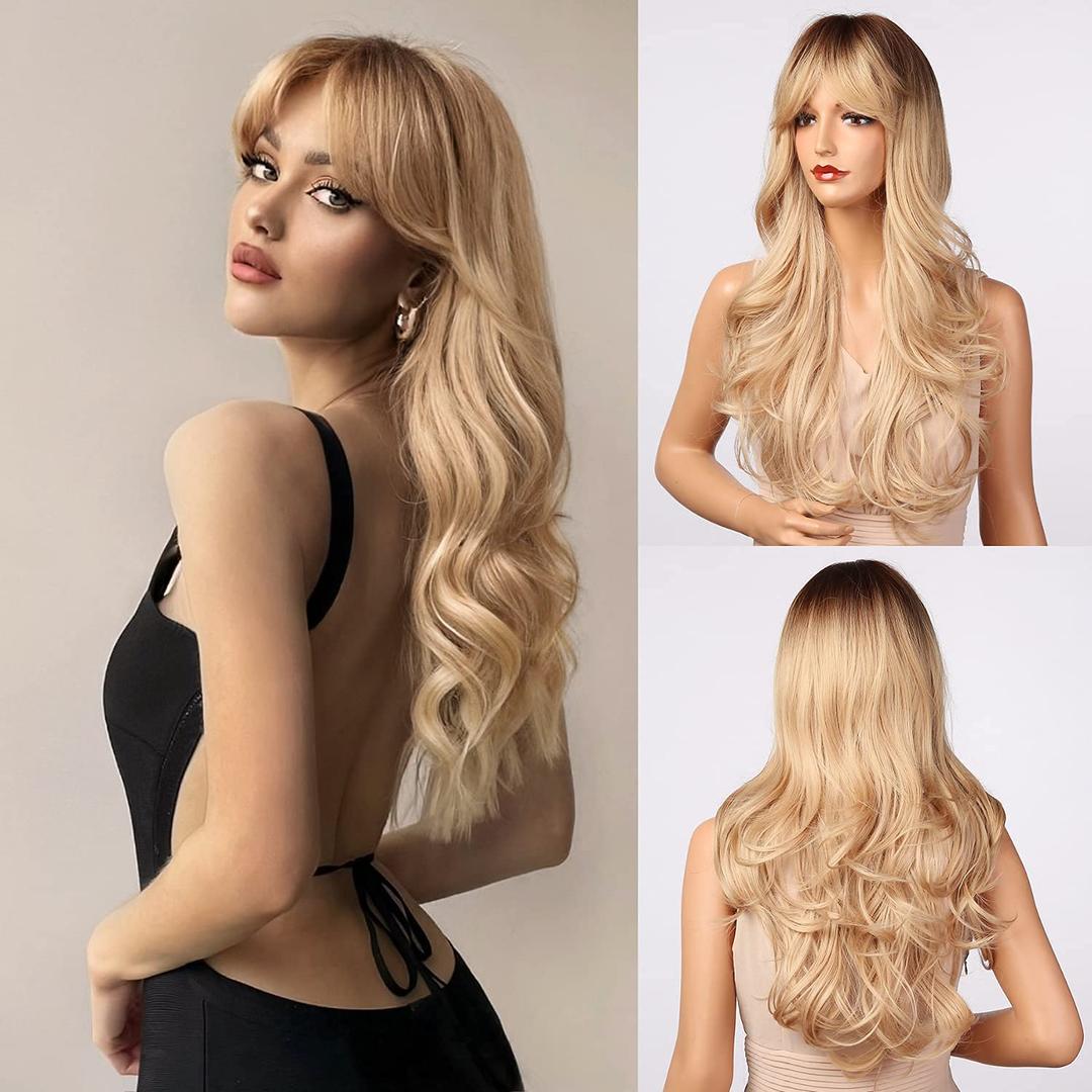 Honygebia Blonde Wig with Bangs - Long Wavy Ombre Curtain Bang Wigs for White Women, Light Ash Blond Dark Roots Synthetic Heat Resistant Hair, Natural Cute Strawberry Wigs for Halloween/Christmas