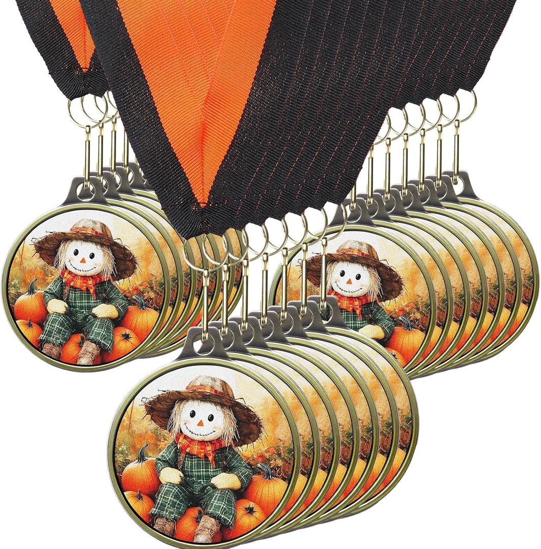 Kenning 20 Pcs Pumpkin Scarecrow Thanksgiving Award Medals, 2" Metal Medals with Neck Ribbon for Harvest Festival Award Trophy for Home School Party Favors Holiday Event Decor Supplies
