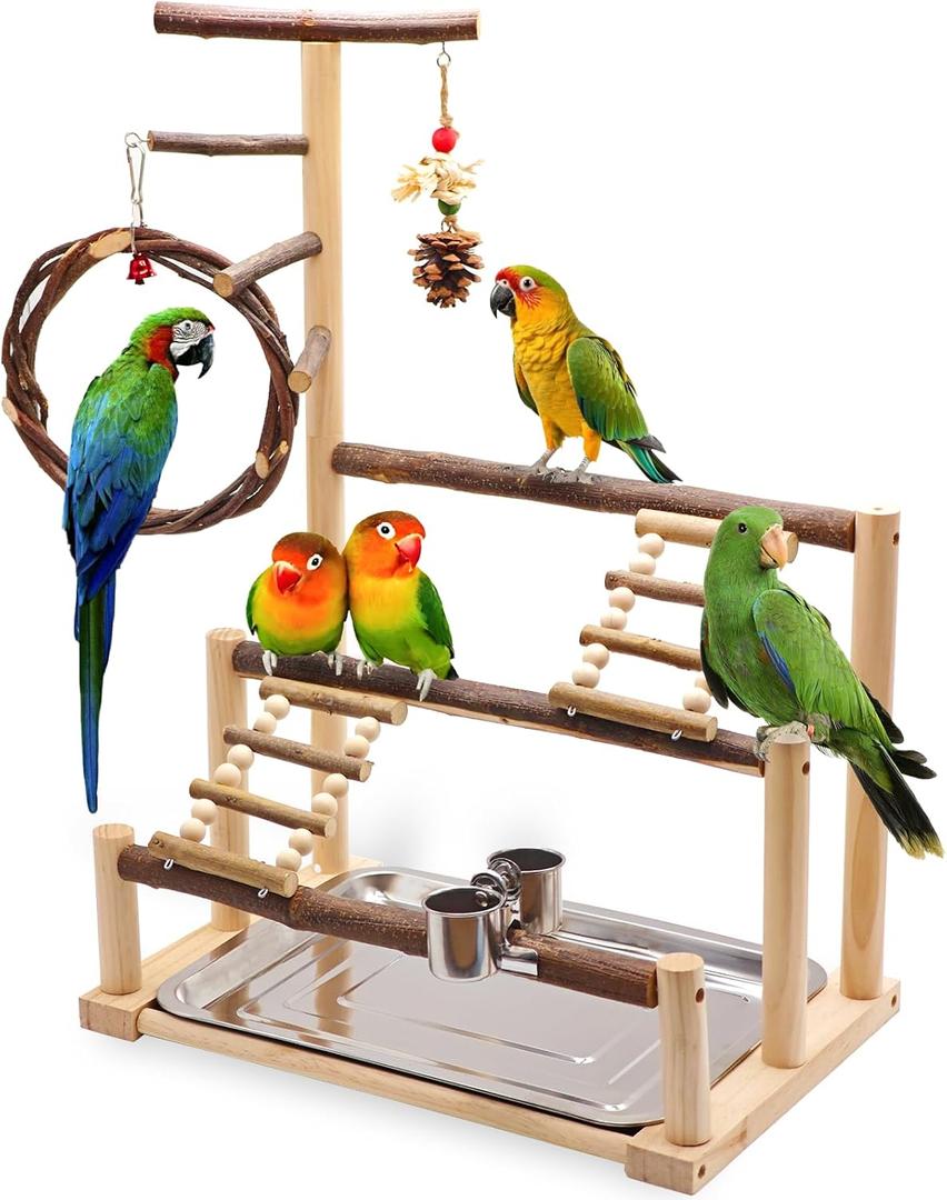 Bird Playground Natural Wooden Bird Stand Features Removable Tray, Feeding Cup, Bird Swing, Chew Toy, And Other Cage Accessories.Suitable for Most Parrots, Including Long-Tailed Parrots and Budgerigars