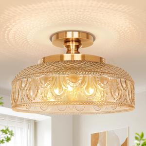 Lamomo Semi Flush Mount Ceiling Light, Upgraded Larger Hallway Light Fixture, 3-Bulb Globe Glass Close to Ceiling Scone, Amber Indoor Hanging Light for Bedroom Kitchen Porch Hallway,Bulbs Not Included (12.2'')