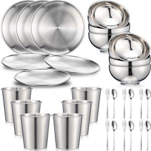 Jinei 30 Pcs 304 Stainless Steel Dinner Set Stainless Steel Plates and Bowls Include Plates Bowls Cups Forks Spoons Utensil Reusable Metal Camping Dinnerware Tableware for Home Picnic Kitchen(Silver) (Small)