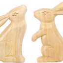 5 x RoseCraft Easter Bunny Decorations, 2PCS Wooden Rustic Handcrafted Rabbit Figurines Spring Table Top Decor, for Home Indoor Holiday Party Farmhouse (Natural)