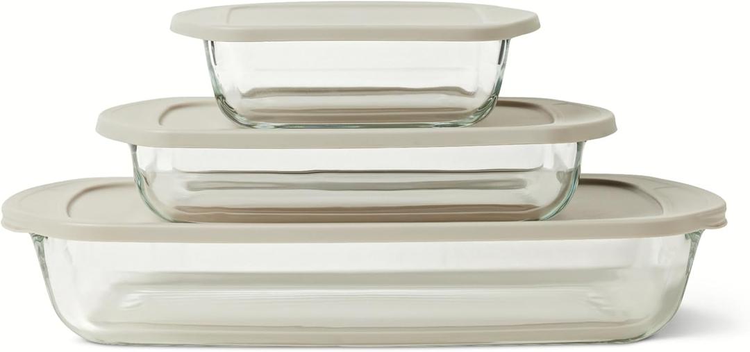 Amazon Basics Glass Baking Dishes with BPA-Free Lids, 6-Piece Set, Borosilicate Glass, Dishwasher and Oven-Safe, Linen Gray