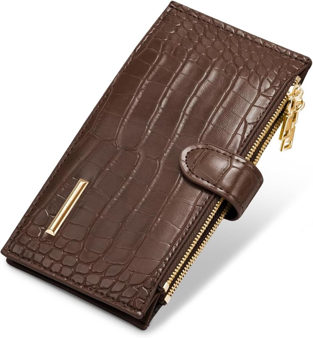 Women Wallet Large Capacity Wallets Crocodile RFID Blocking Multi Card Organizer Womens Billfold Long Purse Credit Cards Holder with Double Zipper,Coffee