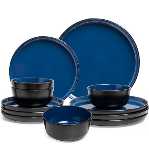 ZAROCRUS Melamine Dinnerware Sets, 12 Pcs Unbreakable Plates and Bowls Set, Outdoor Dinnerware RV and Camper Dishes Sets for 4, Kitchen Dishes Set for Entertaining, Black and Blue
