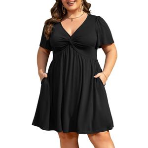 Manllenshie Womens Plus Size Summer Dress Casual Short Sleeves Deep V Neck Twist Knot Front Flowy Dress with Pockets (Black, XXL)