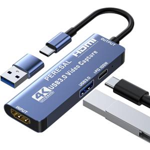 USB 3.0 Video Capture Card with PD 100W and USB3.0 Port, Streaming Game Recording 4K, 60FPS, HDMI to USB-A/USB-C Capture Card for Quest 3, Switch, PS5/4, Camera, Xbox, Tablet PC