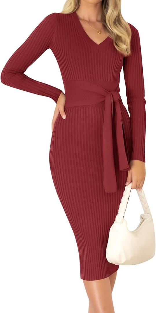 ZESICA Women's 2026 Spring Sweater Dress V Neck Long Sleeve Ribbed Knit Tie Waist Bodycon Slim Fit Midi Dresses, L