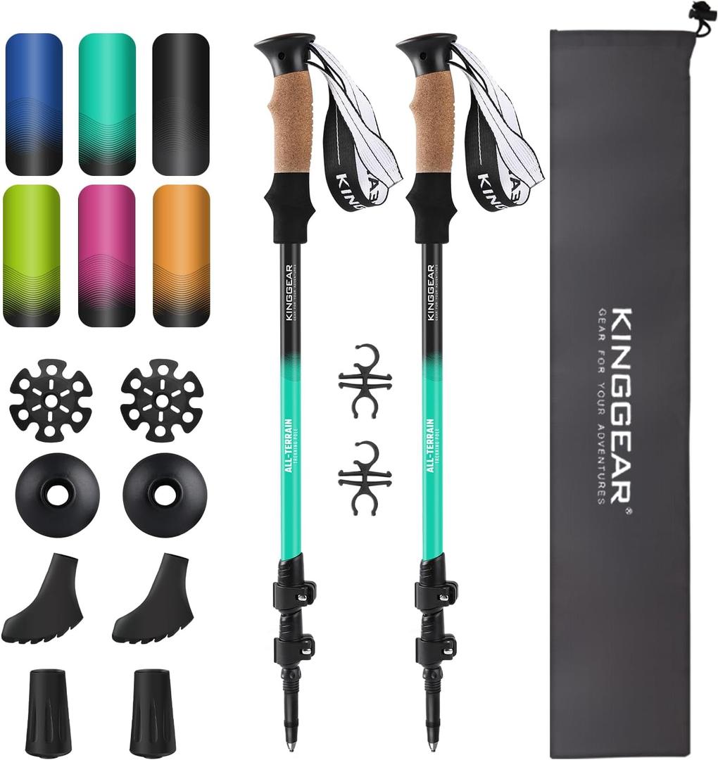 KINGGEAR Nordic Walking Stick, TP1 Hiking Poles Retractable Lightweight 7075 Aluminum, Trekking Poles with Flip Lock, Natural Cork and EVA Grip, 2pc Hiking Gear (Teal)
