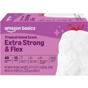 3 x Amazon Basics Extra Strong & Flex Tall Kitchen Drawstring Trash Bags, Tropical Island Scent, 13 Gallon, 40 Count