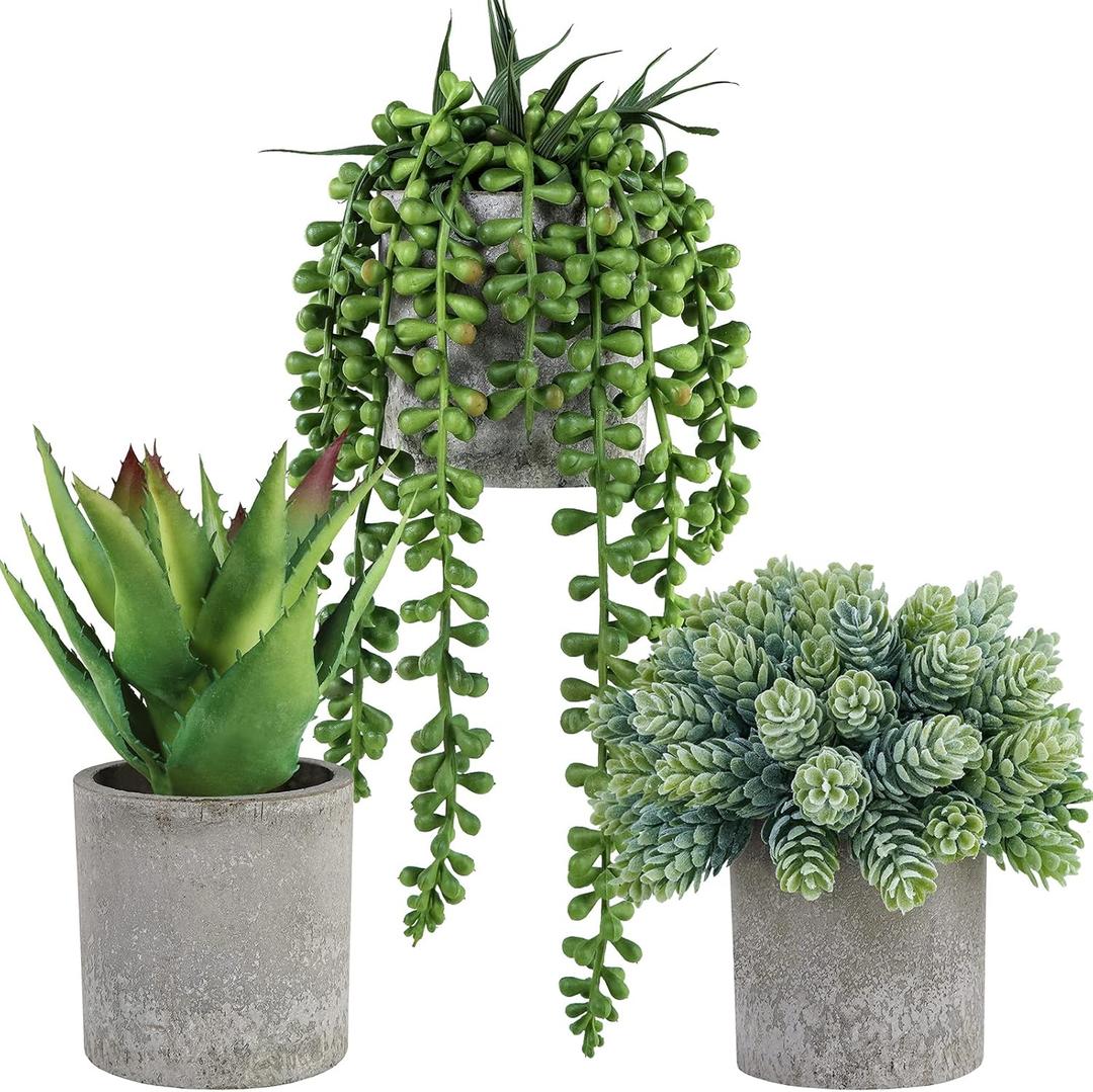 Winlyn Set of 3 Mini Potted Succulents Artificial String of Pearls Aloe Hops Succulent Plants in Gray Pots for Gifts Table Shelves Windowsill Office Desk Indoor Greenery Decorations Wedding Favors