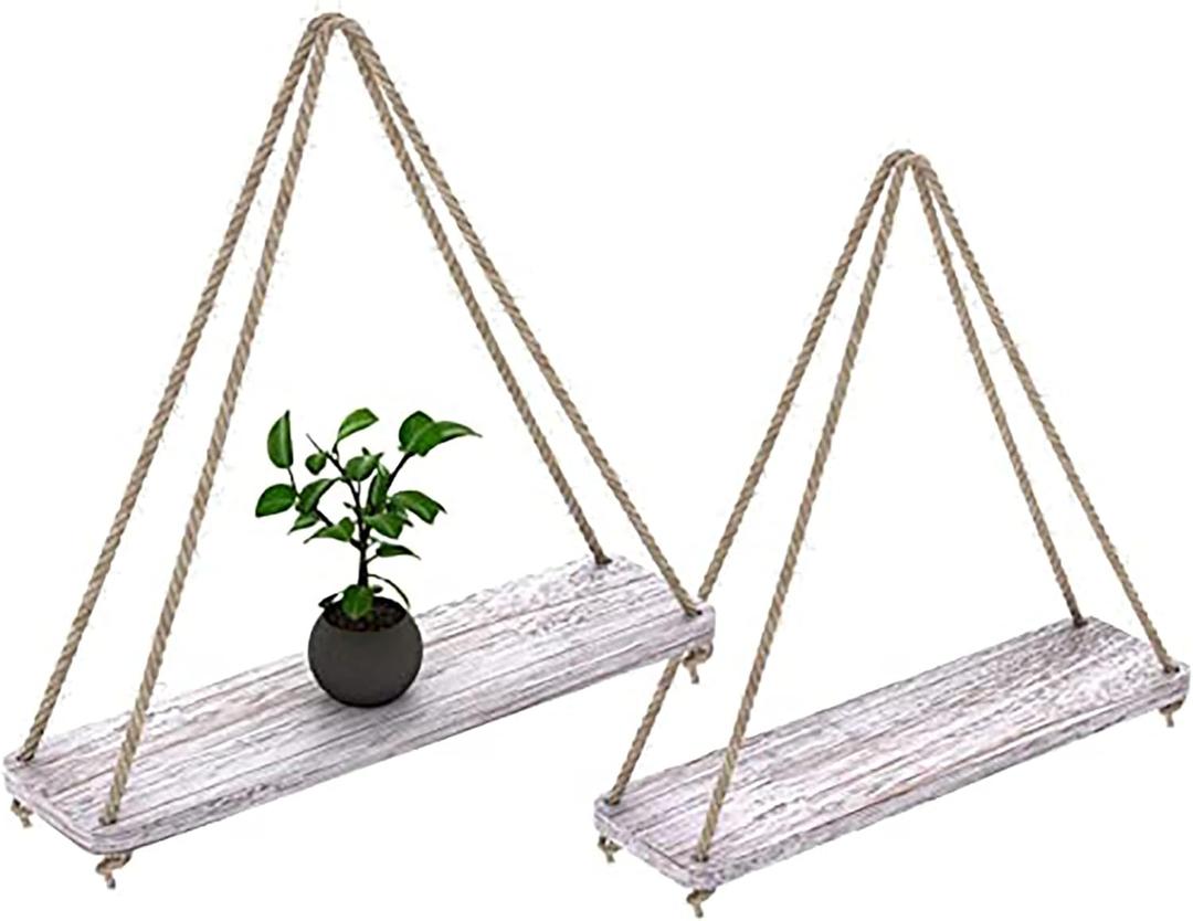 Comfify Hanging Shelves for Wall - Set of 2  Rustic Farmhouse Boho Shelves with String  17x5.2  Thick Distressed, Torched Look Real Wood - Rustic White