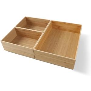 BAMOTTO 3-Piece Large Bamboo Storage Box Set, 3.1-Inch High Stackable Deep-Drawer Organizer for Kitchen Cutlery, Cookware, Utensils & Knives, Exquisite and Durable Lidless Bin for Homes and Offices