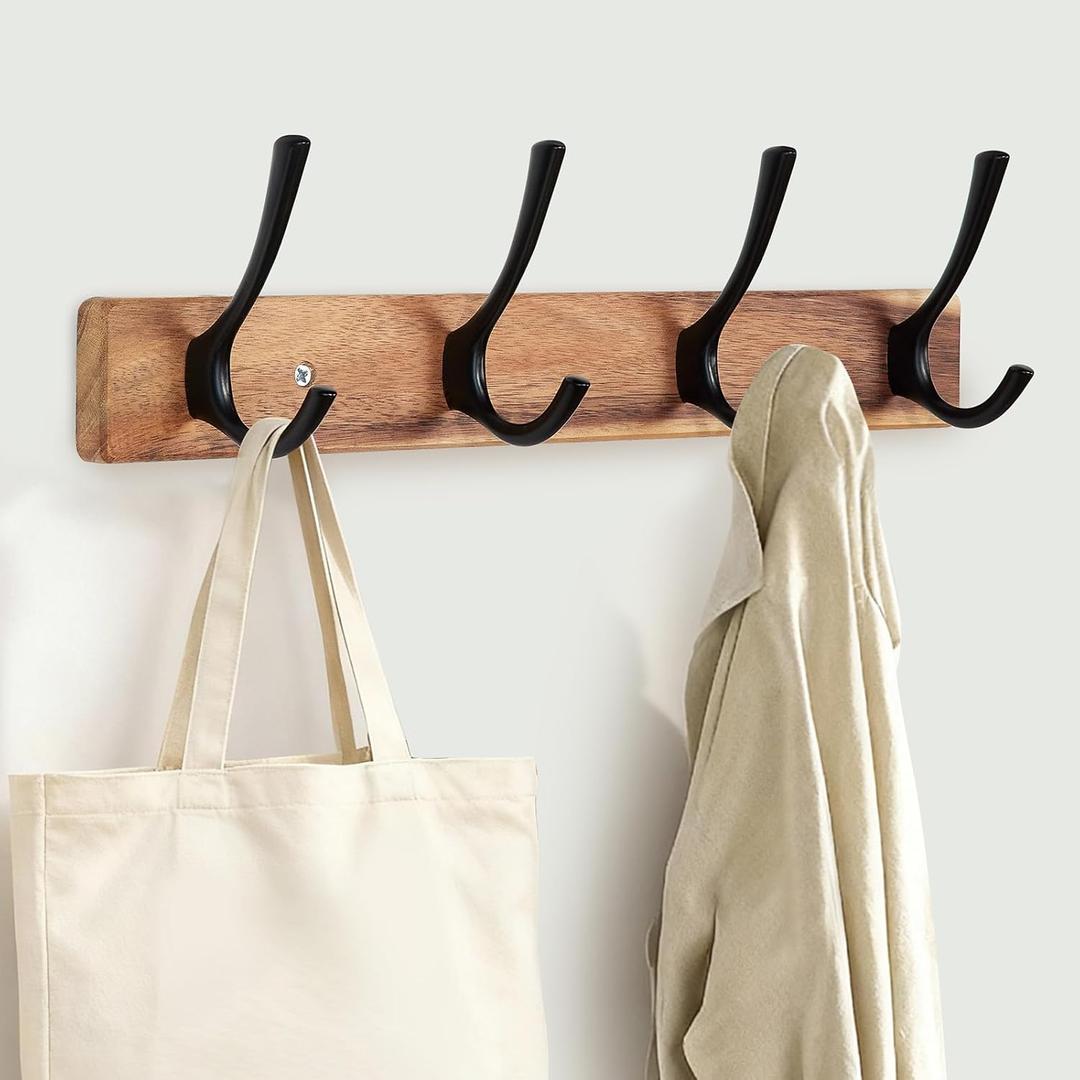 Yangbaga Coat Rack Wall Mount,Acacia Wood Coat Hooks Wall Mount,15" Wall Coat Rack with Heavy Duty 4-Double-Hooks,Hat Rack Wall Coat Hanger for Towel/Dogs Leashes/Coat/Bag