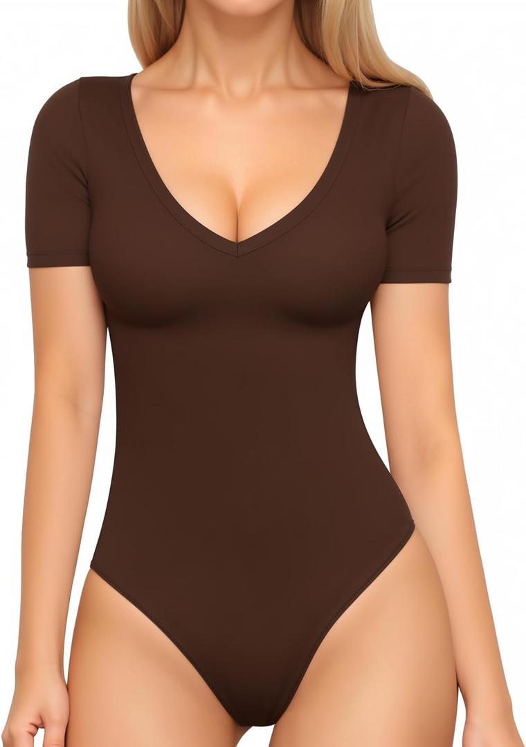 MANGOPOP Women's Short Sleeve Bodysuit Sexy V Neck Body Suit Fitted Going Out Tops(Coffee, X-Small)