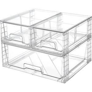 3 Pack Stackable Storage Drawers, Easily Assemble Acrylic Bathroom Undersink Organizers,Clear Plastic Storage Bins for Closet,Cabinet,Pantry,Medicine Organization