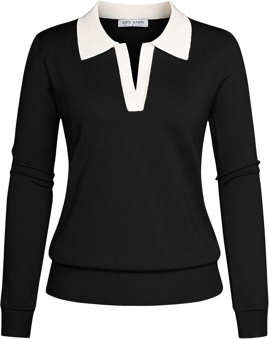 Kate Kasin Women Long Sleeve Polo Sweater V Neck Knitted Tops Casual Ribbed Shirt Loose Pullover Sweater (Small, Black White)