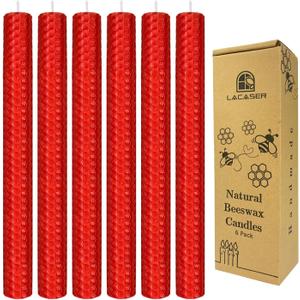 Beeswax Taper Candles 6 Pack, Red Beeswax Candlesticks, 9" Long Candles for Christmas, Dripless & Unscented, 4 Hour Burn Time, Red