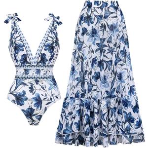 FLAXMAKER Blue and White V Neck Lace Up Strip Plant Prints One Piece Swimsuit and Skirt/ Sarong(Swimsuit and Skirt, Blue, L) FLAXMAKER Blue and White V Neck Lace Up Strip Plant Prints One Piece Swimsuit and Skirt/ Sarong(Swimsuit and Skirt, Blue, L)