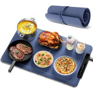 Food Warming Mat, Silicone Electric Warming Tray with 3 Modes Temperature & Fast Heating, Raised Feet Protects Table, Roll Up Buffet Hot Plates Heat Pad, Portable Food Warmer for Parties Home Travel (Blue)