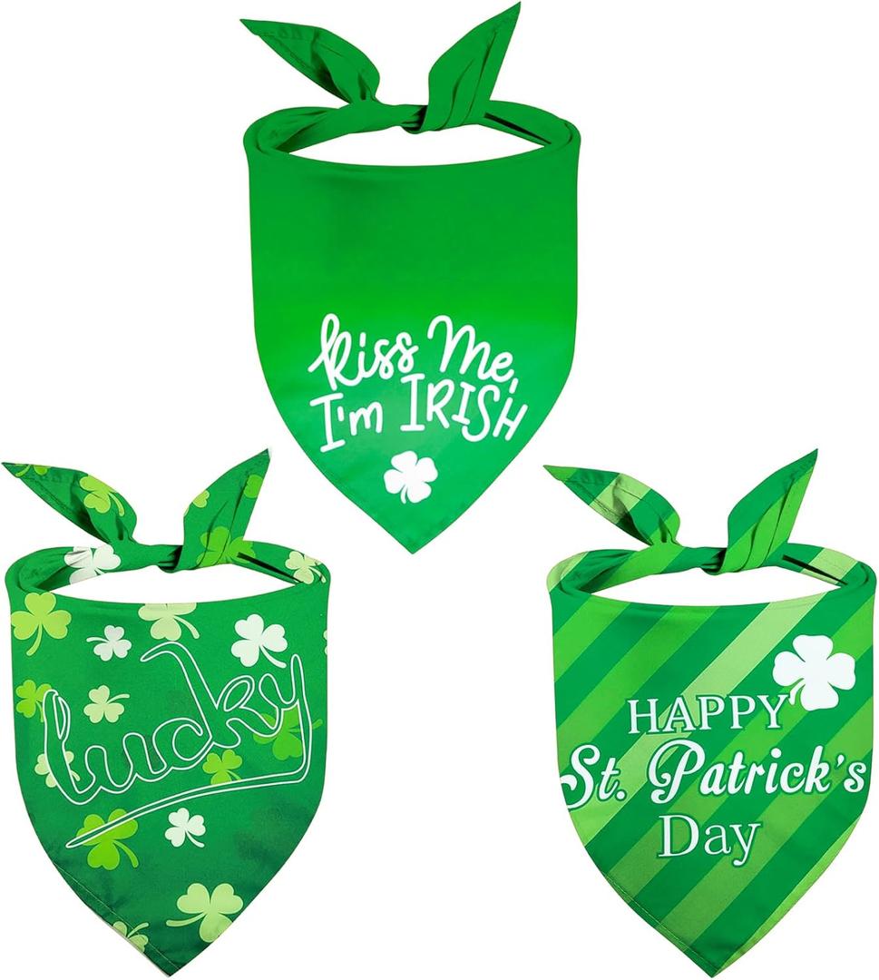 2 x St. Patrick's Day Dog Bandanas 3Pack Lucky Shamrock Costume, Kiss Me I'm Irish Triangle Bibs Adjustable Pet Scarf Accessories for Dogs Cats Medium Green Kerchief Happy Holiday Supplies Outfit