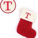 Christmas Stockings with Initials, 7.1 Inches Small Embroidered Letter Knit Red White Christmas Stocking for Family Holiday Decorations and Xmas Tree Fireplace (T)